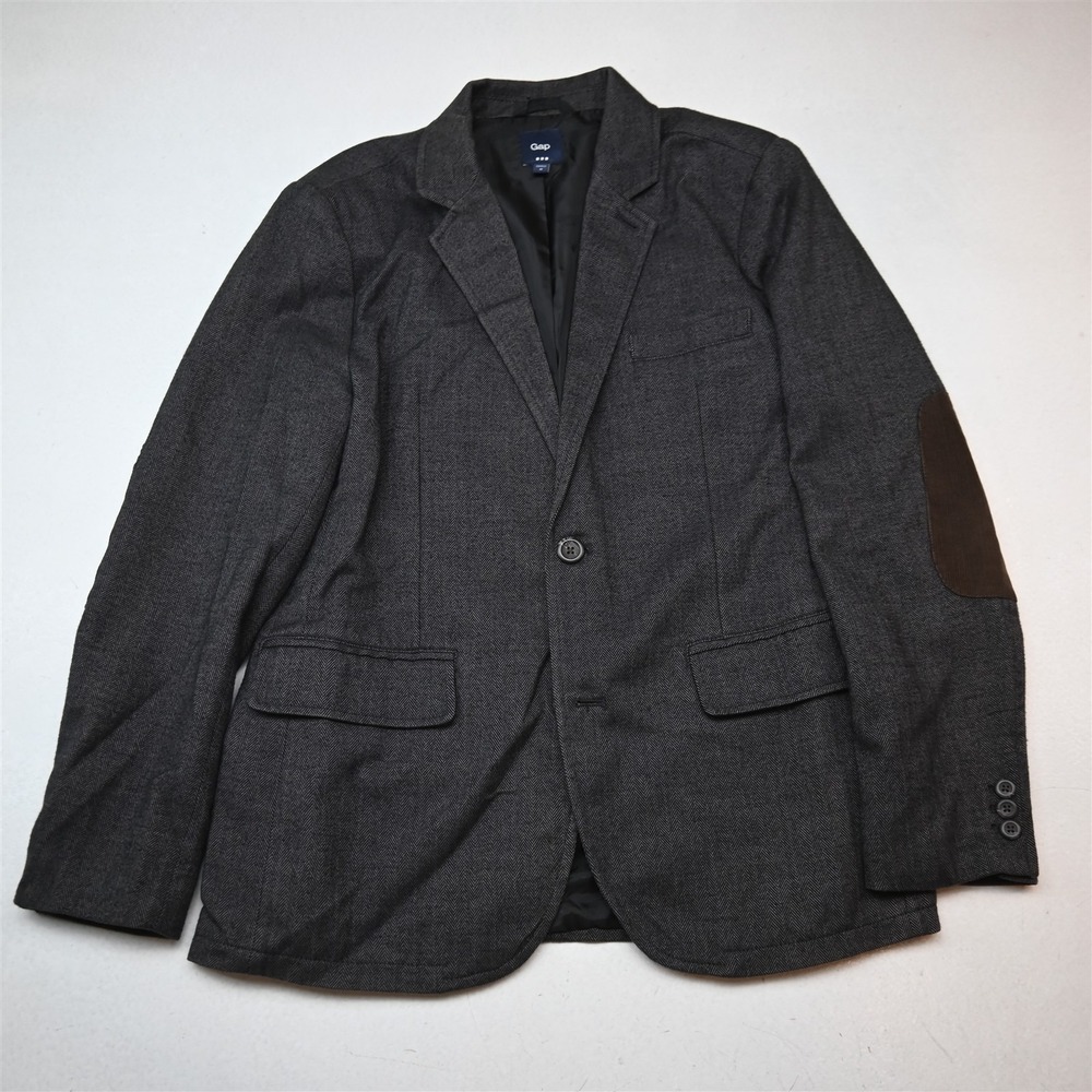 Gap 38R Gray Herringbone Cotton Flannel Mens Blazer Sport Coat Elbow Patches